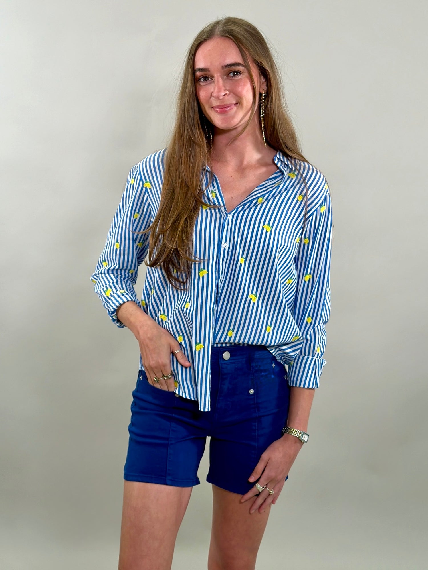Embroidered Lemon Striped Button-Down