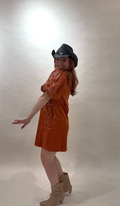 Western-Inspired Embroidered Puff Sleeve Mini Dress