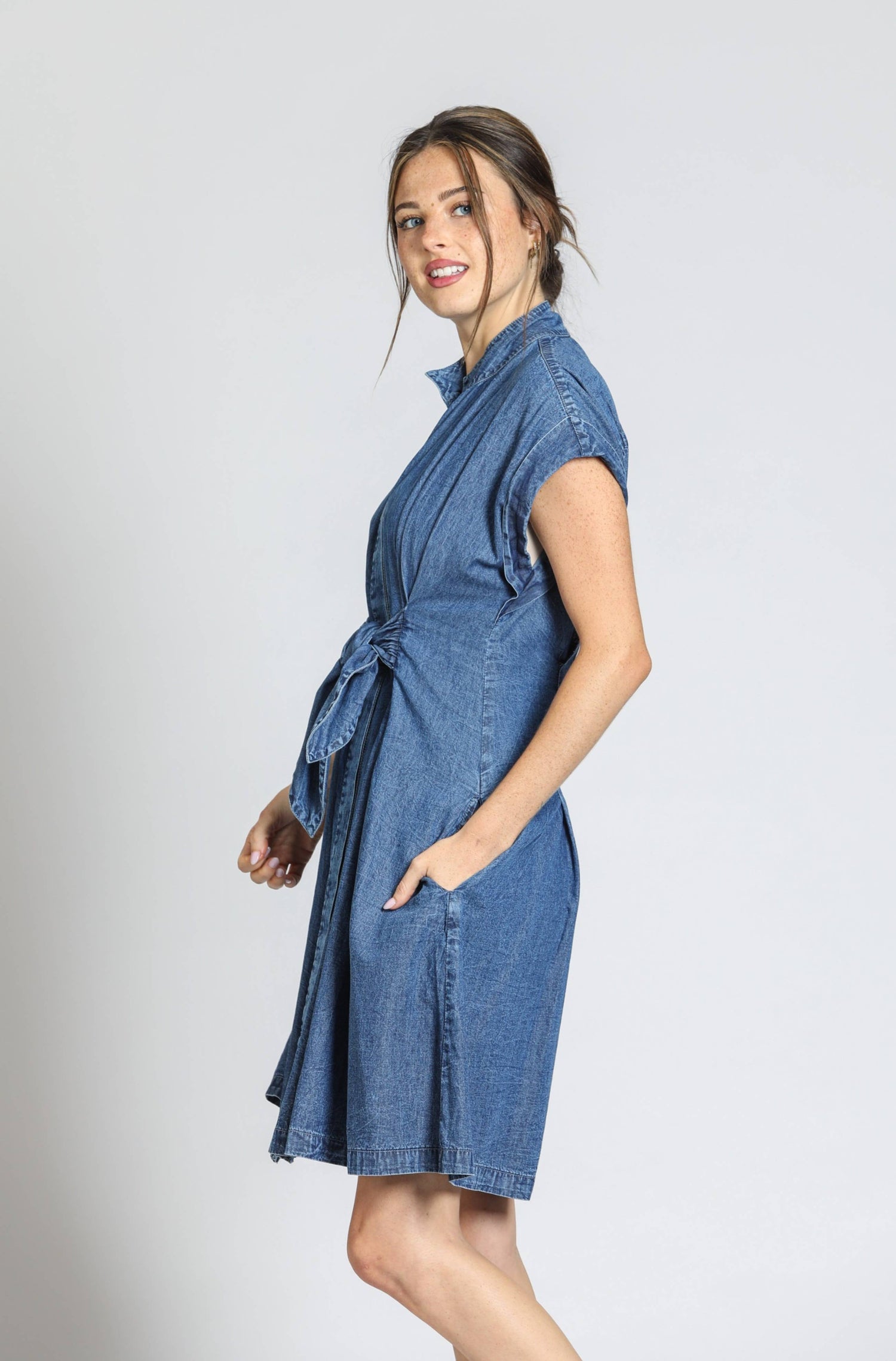 Button Front Shirt Dress with Ties