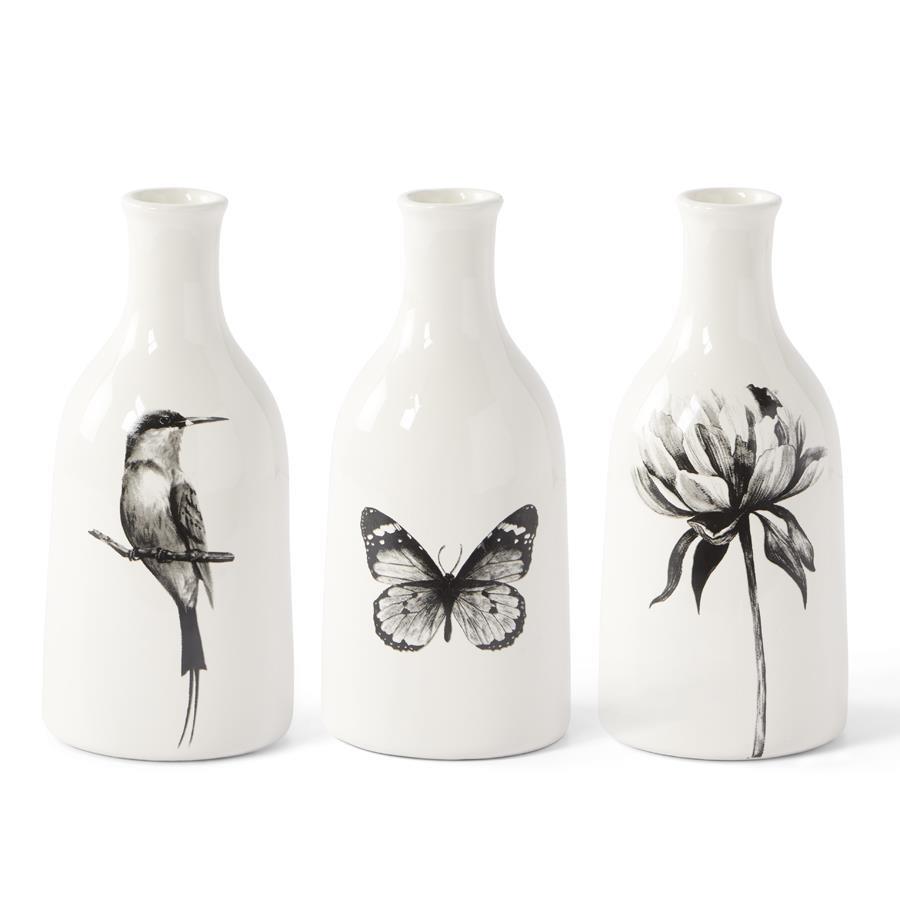 Assorted White Ceramic Bottles with Black Bird, Butterfly, and Flower Decal