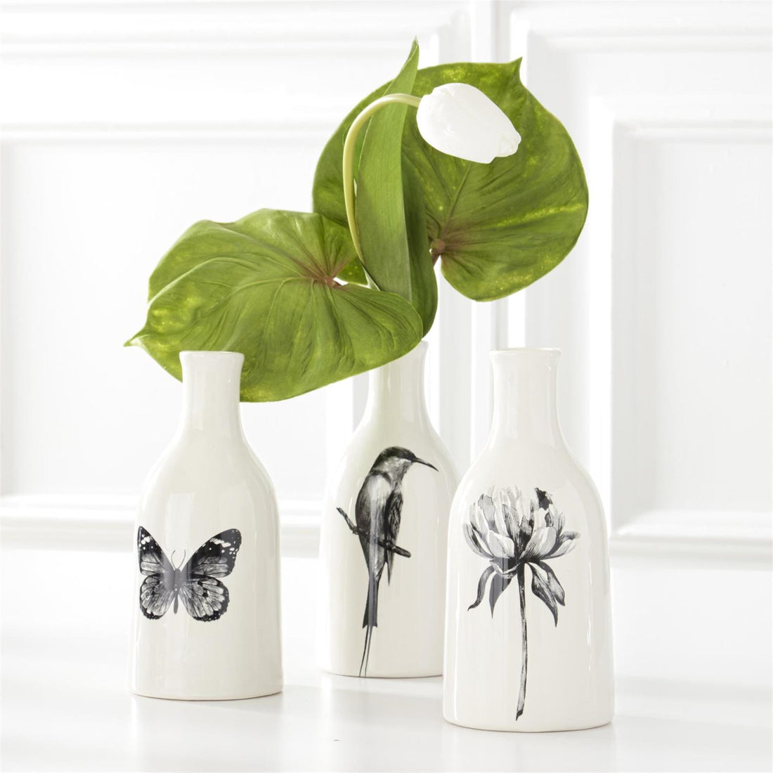 Assorted White Ceramic Bottles with Black Bird, Butterfly, and Flower Decal