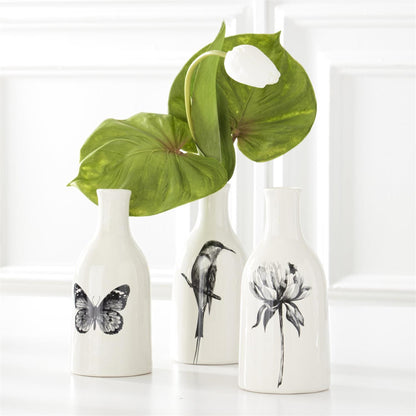Assorted White Ceramic Bottles with Black Bird, Butterfly, and Flower Decal