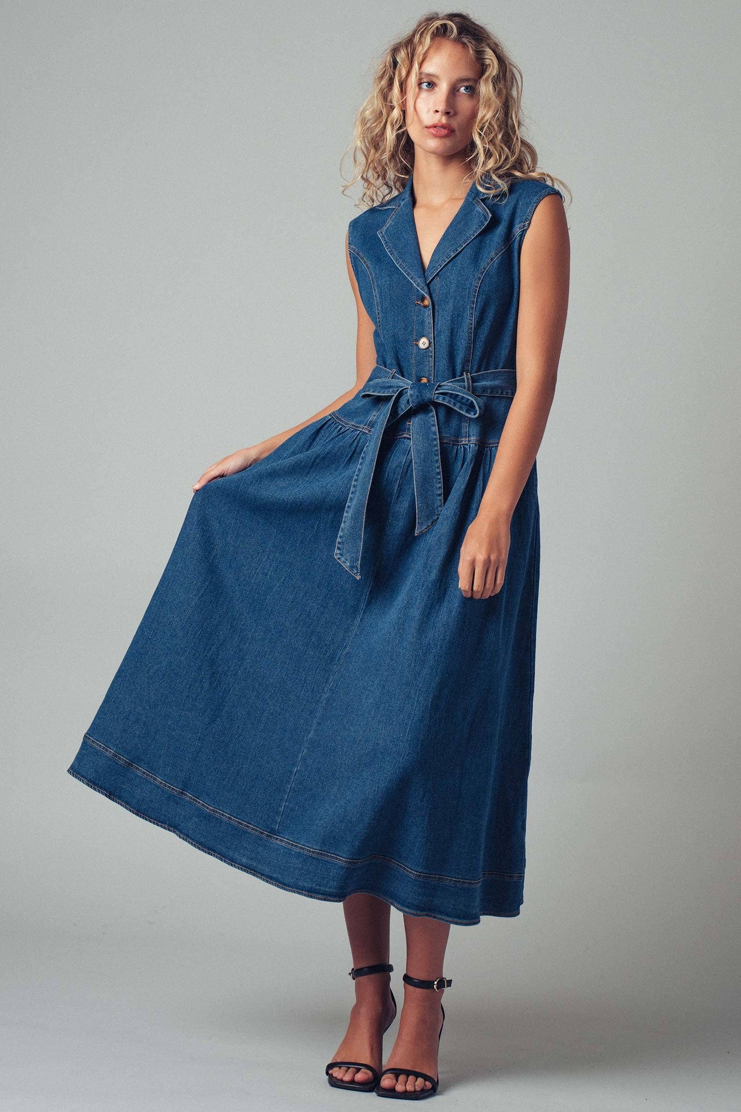 Sleeveless Belted Denim Midi Dress