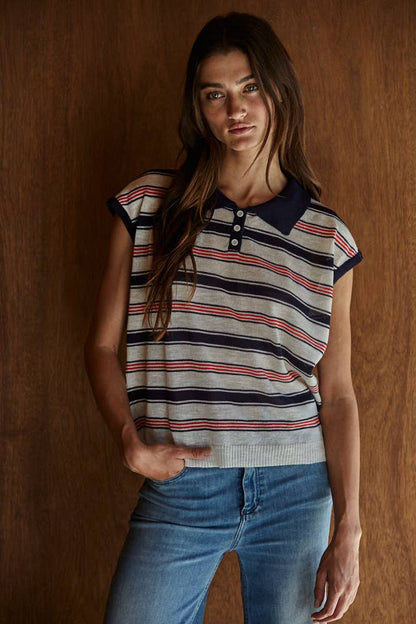 Knit Sweater Viscose Polyester Striped Collared Top