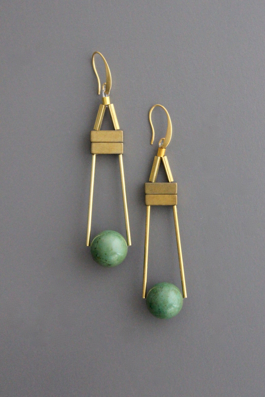 Geometric Green Turquoise and Brass Earrings