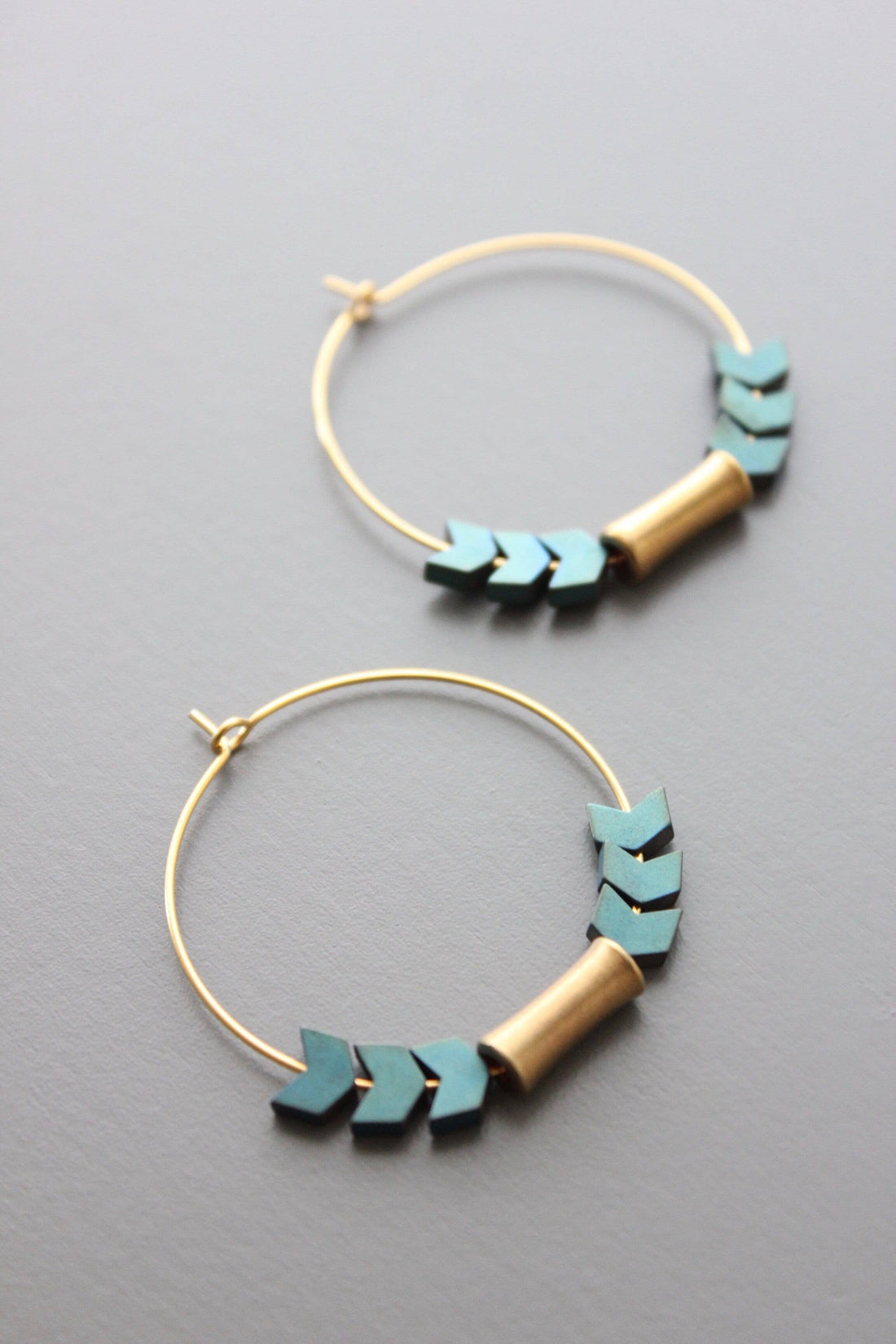 Green Hematite and Brass Hoop Earrings
