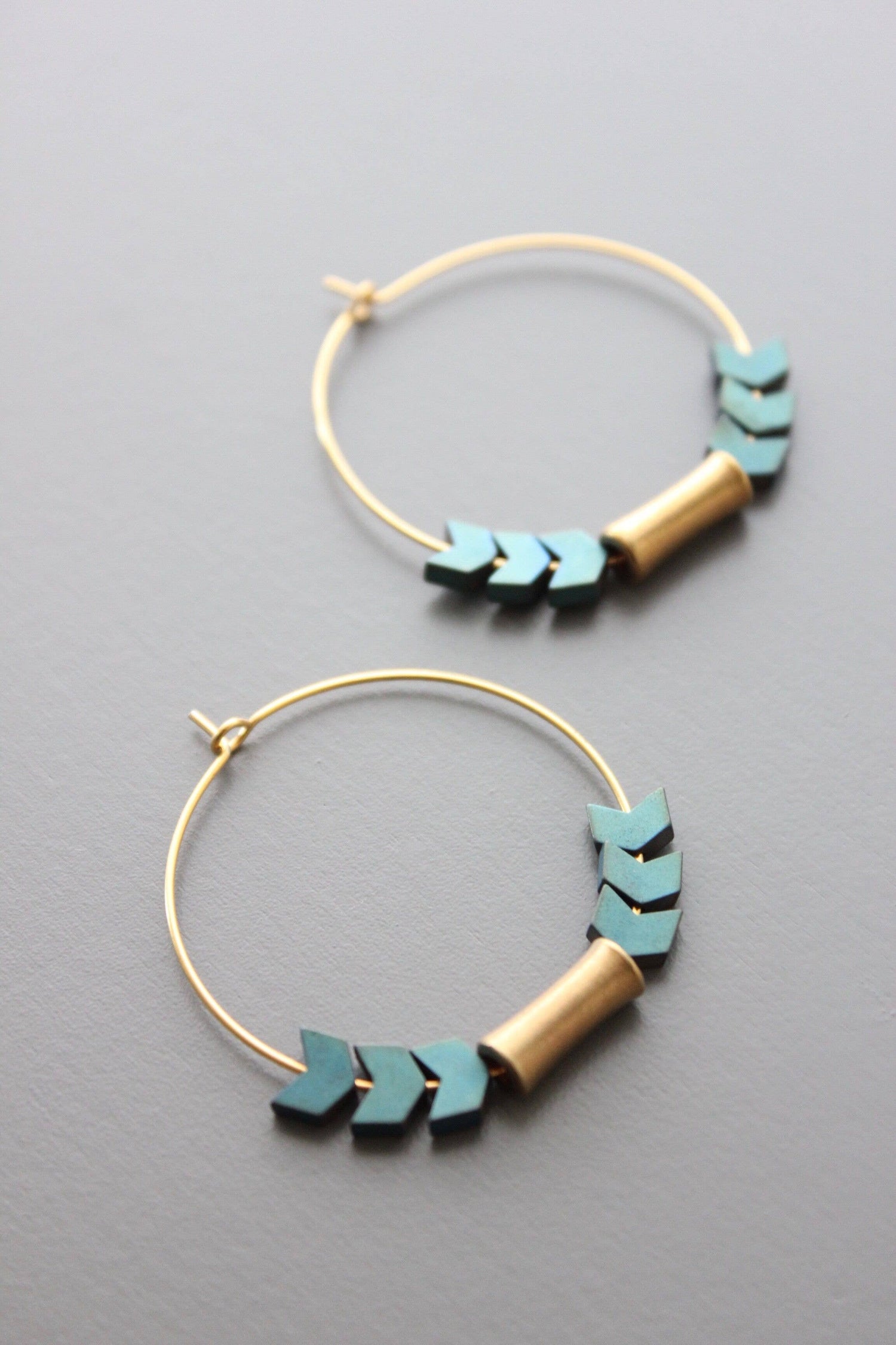 Green Hematite and Brass Hoop Earrings