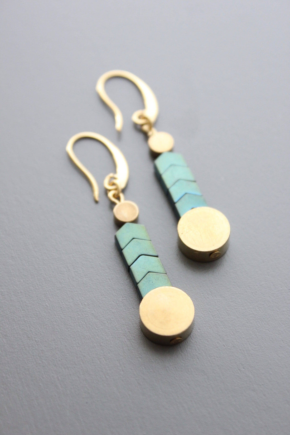 Green Hematite and Brass Earrings