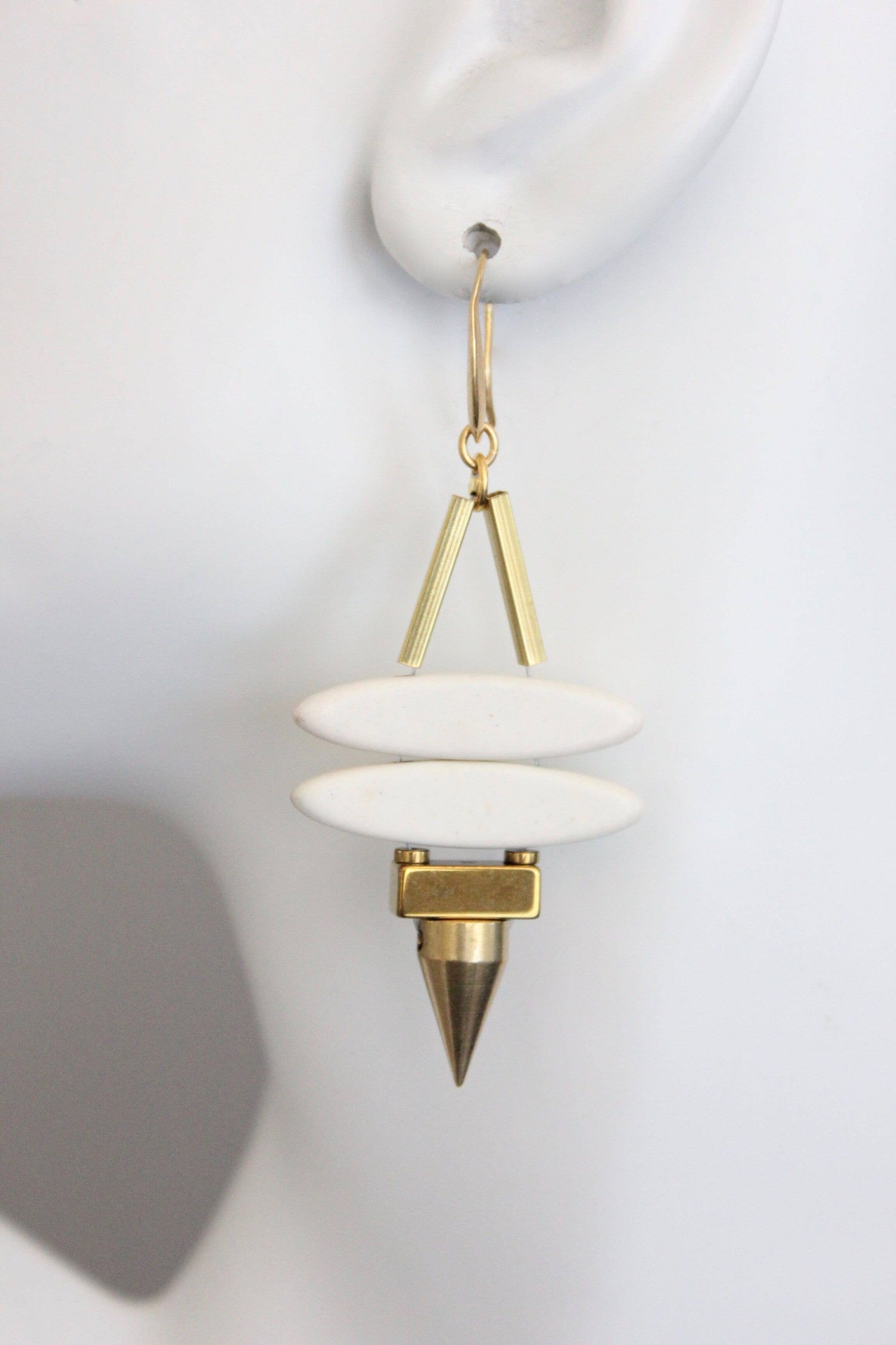 Geometric white stone ellipse &amp; brass spike earrings