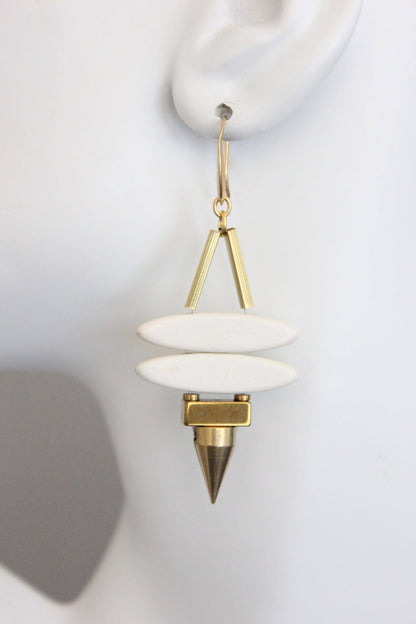 Geometric white stone ellipse &amp; brass spike earrings