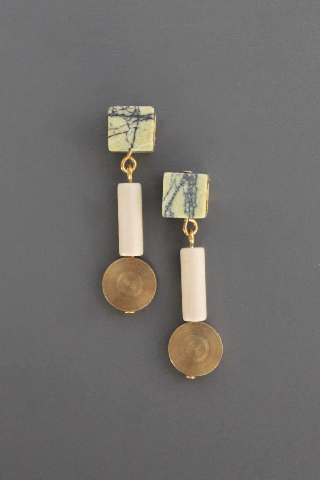 Geometric Stone and Brass Post Earrings