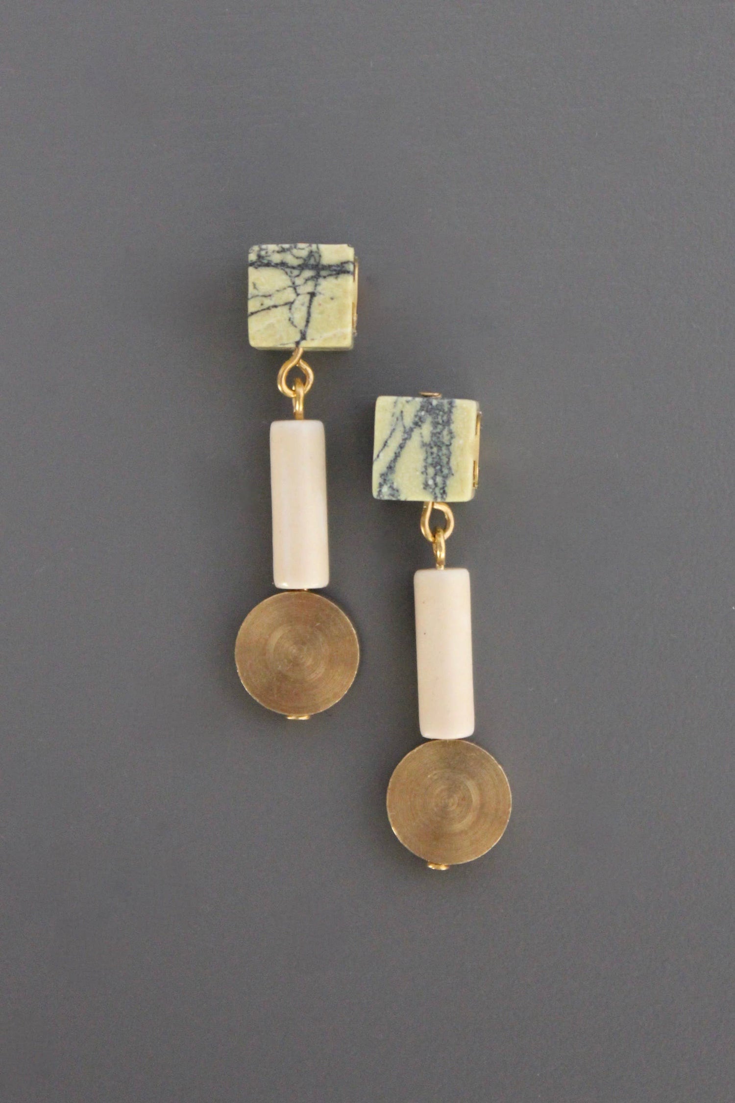 Geometric Stone and Brass Post Earrings