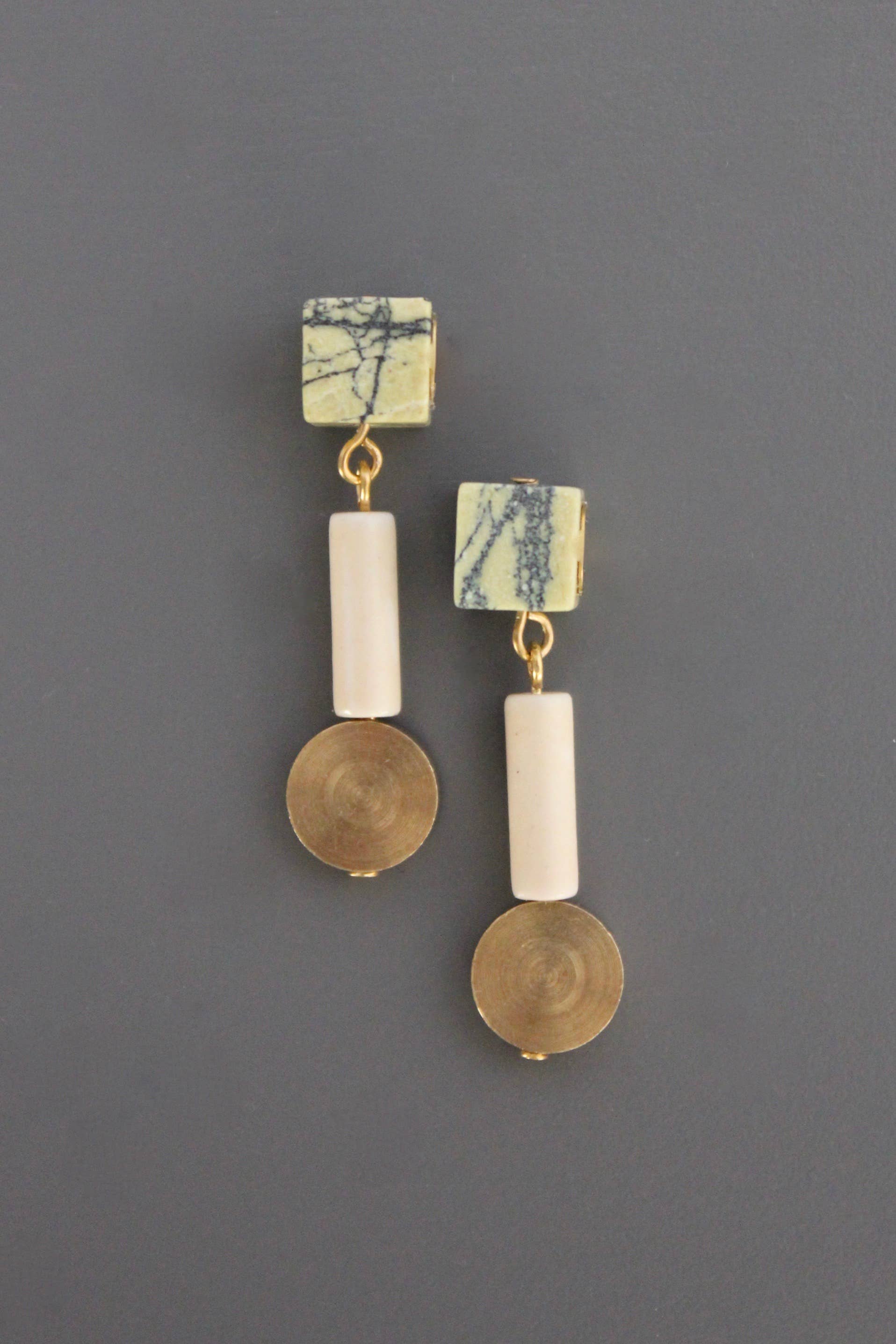 Geometric Stone and Brass Post Earrings
