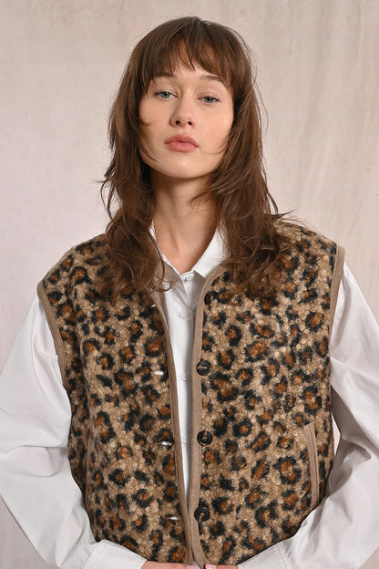 Textured Leopard Sleeveless Jacket
