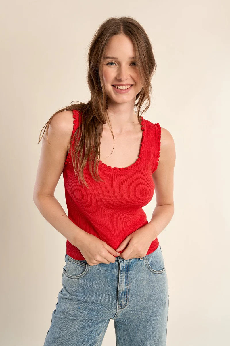 Ruffle-Trim Ribbed Tank