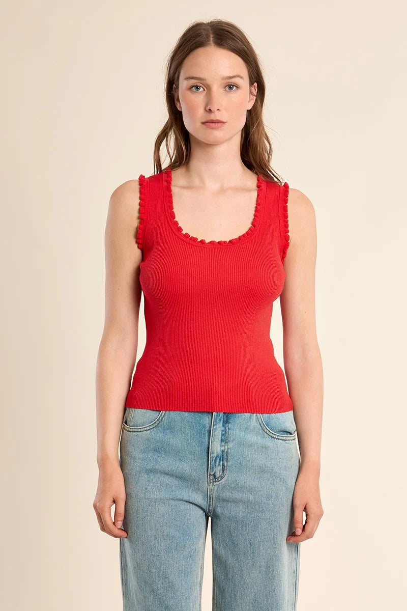 Ruffle-Trim Ribbed Tank