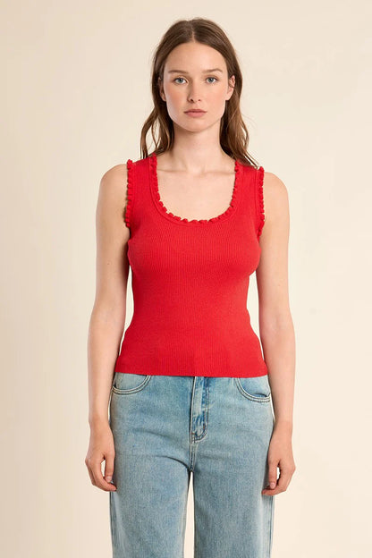 Ruffle-Trim Ribbed Tank