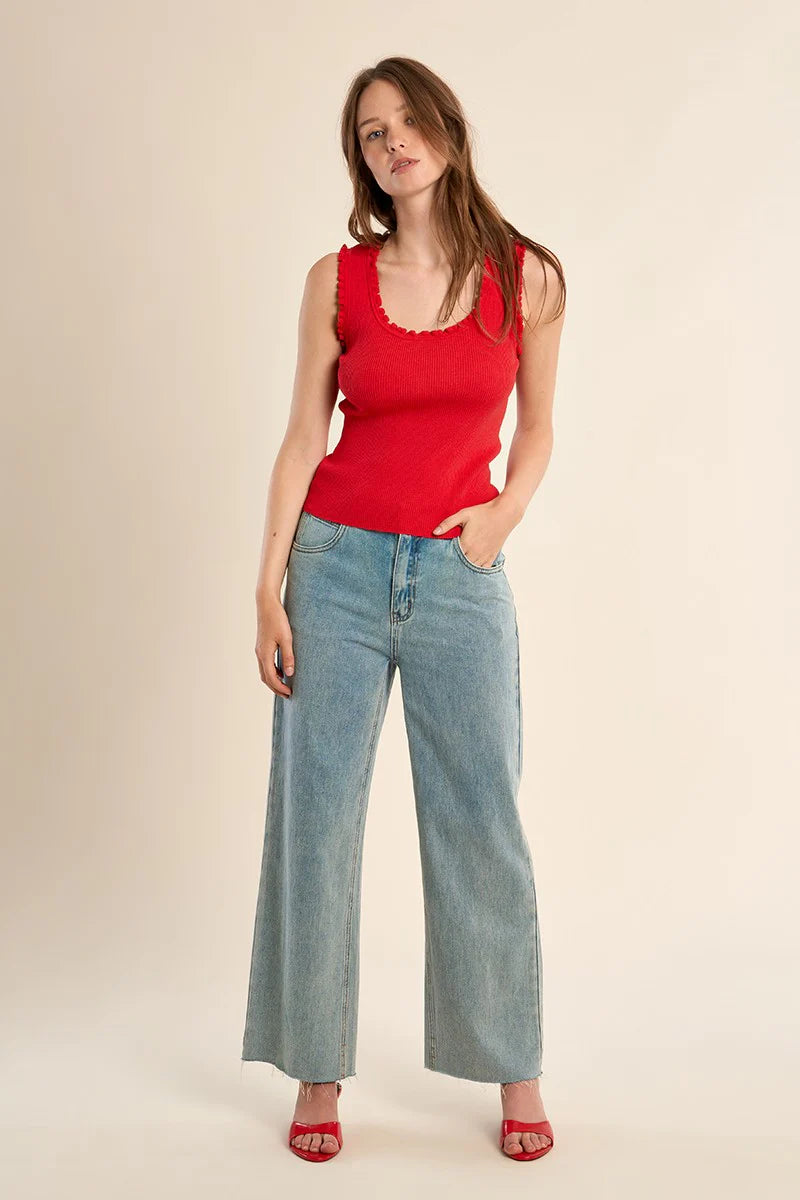 Ruffle-Trim Ribbed Tank
