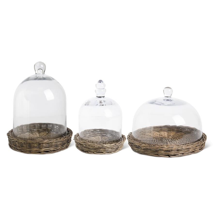 Glass Cloches with Woven Wicker Trays