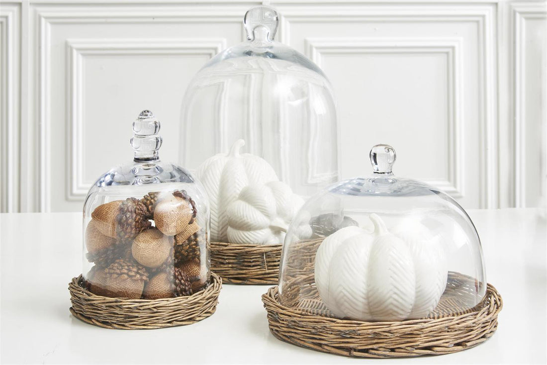 Glass Cloches with Woven Wicker Trays