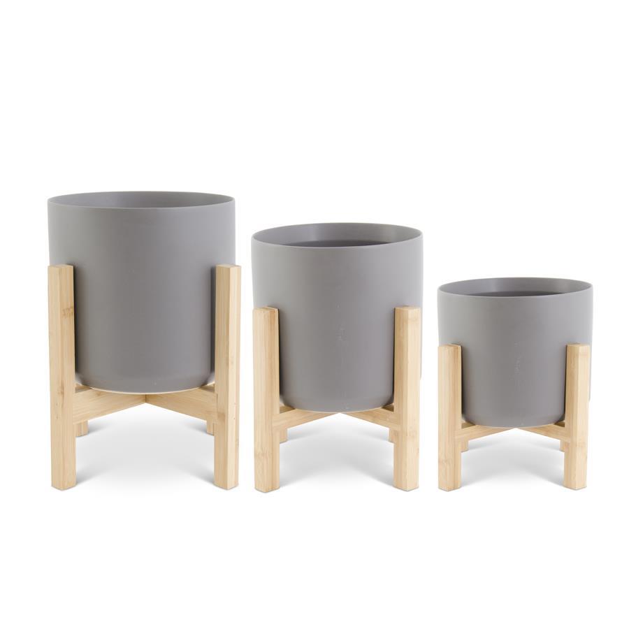 Modern Gray Ceramic Pots on Bamboo Stands