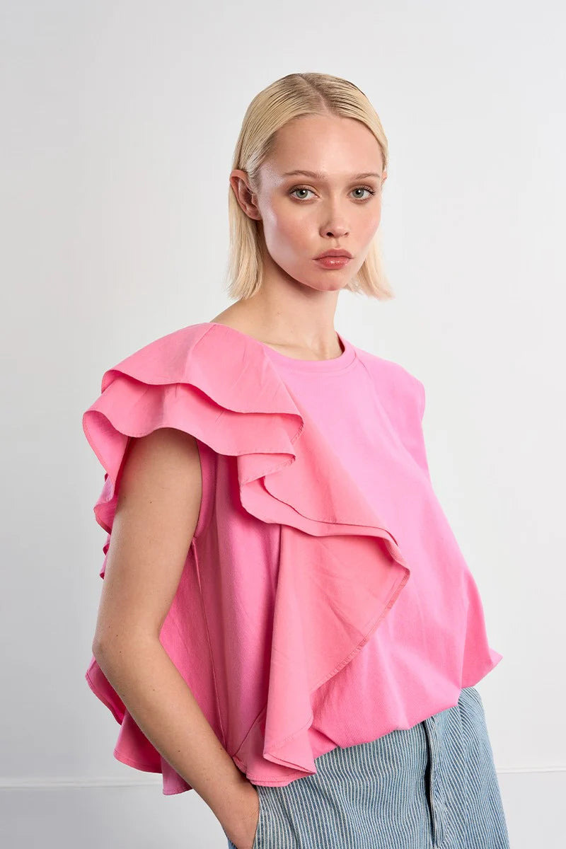 Ruffle Accent Cap Sleeve Tee
