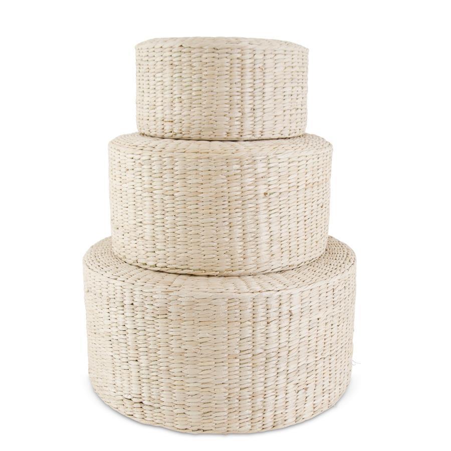 Set of 3 Round Natural Rattan Grass Stools