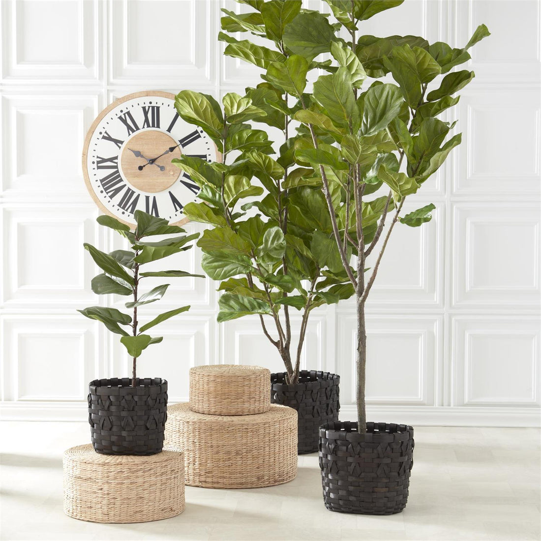 Set of 3 Round Natural Rattan Grass Stools