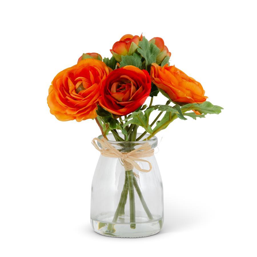 6.75-Inch Orange Ranunculus Premade in Glass Vase with Faux Water