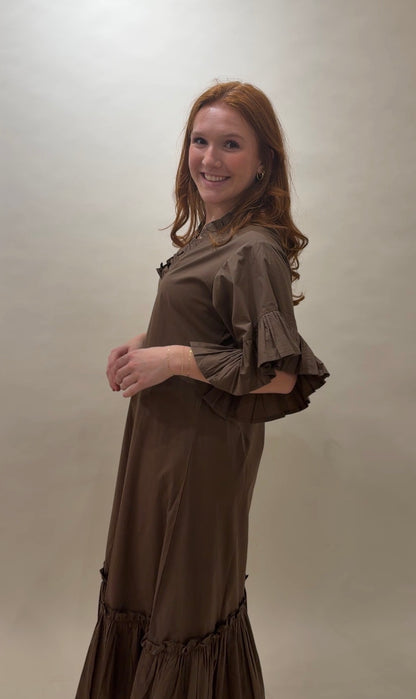 Solid Espresso Tiered Ruffle Maxi Dress