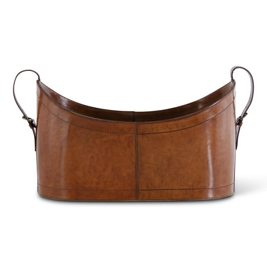 17.75 Inch Brown Leather Oval Basket