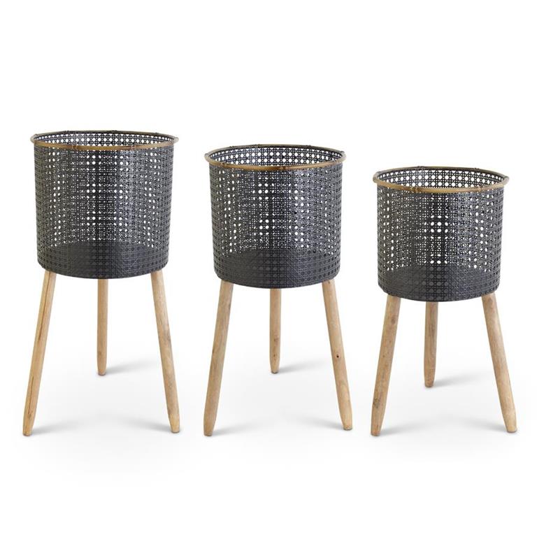 Black Punched Metal Containers with Wood Legs