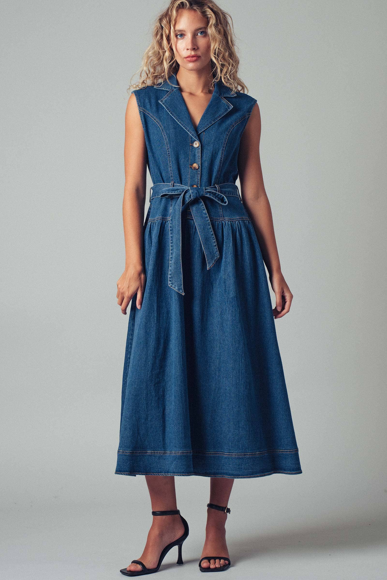Sleeveless Belted Denim Midi Dress