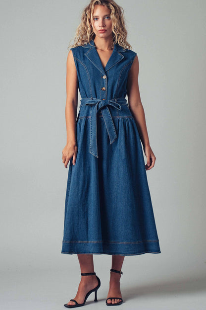 Sleeveless Belted Denim Midi Dress