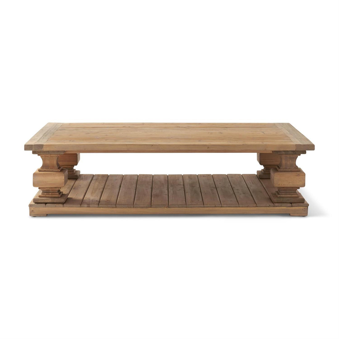 60 Inch Elm Wood Column Leg 2-Shelf Coffee Table