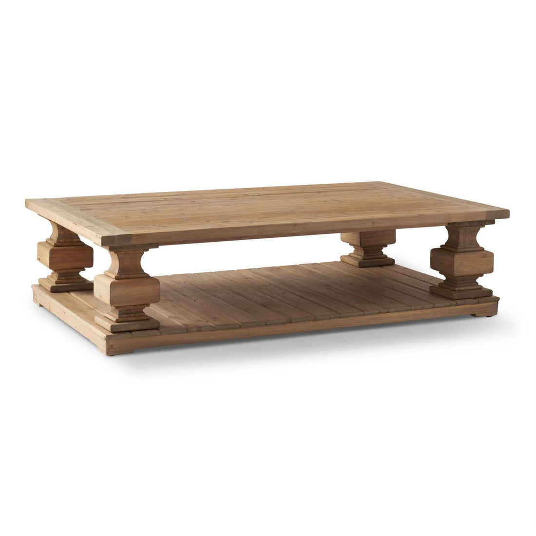 60 Inch Elm Wood Column Leg 2-Shelf Coffee Table