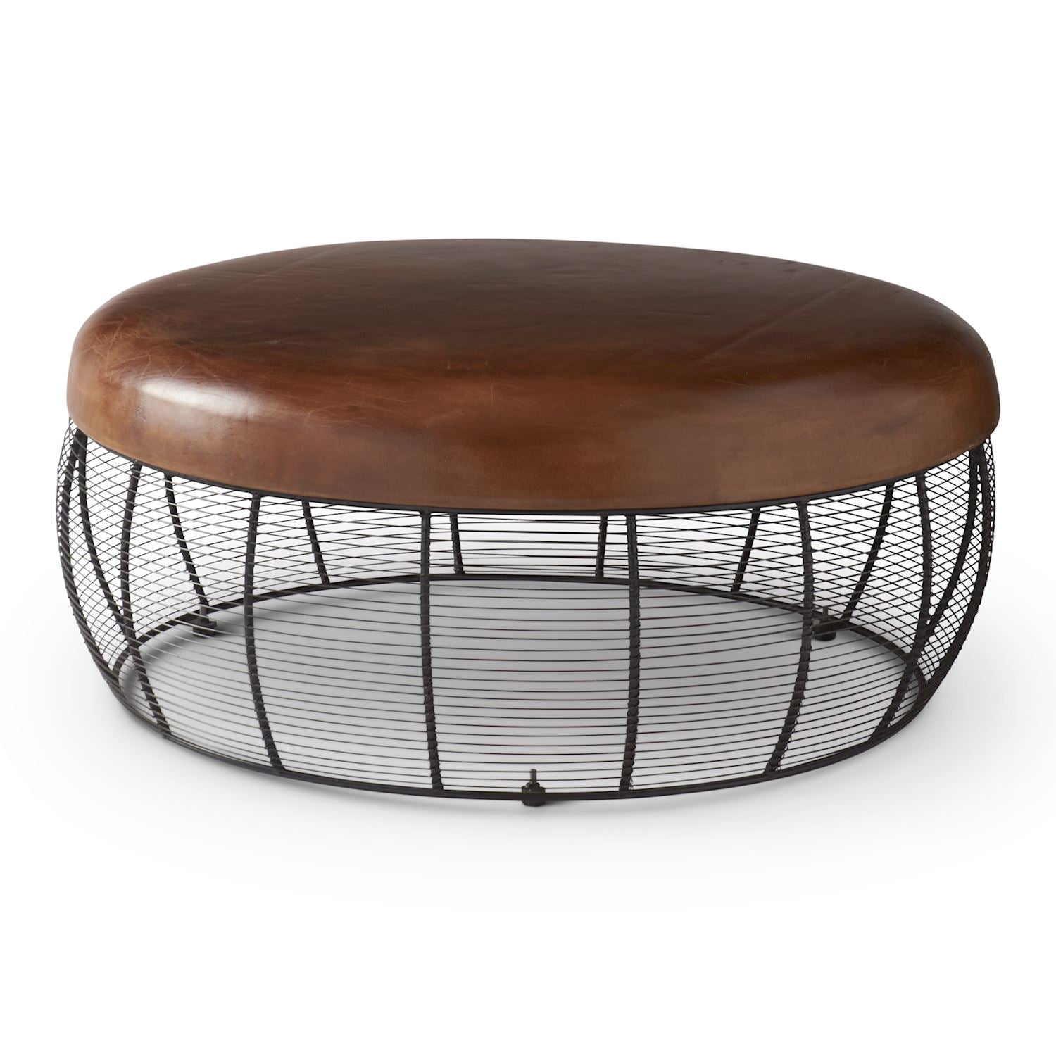 40-Inch Round Brown Leather &amp; Black Metal Coffee Table