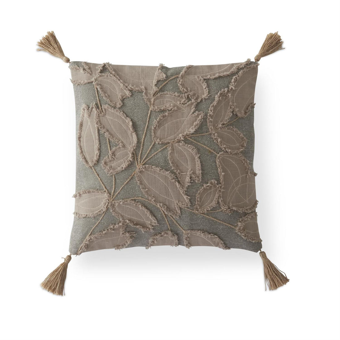 20-Inch Square Gray Pillow with Taupe Leaf Embroidered Applique &amp; Tassels