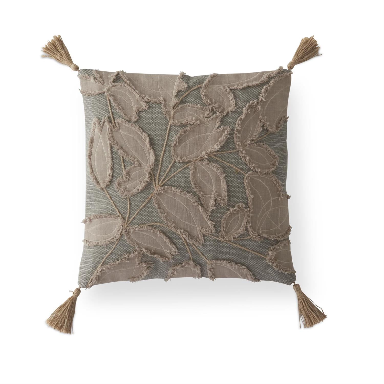 20-Inch Square Gray Pillow with Taupe Leaf Embroidered Applique &amp; Tassels