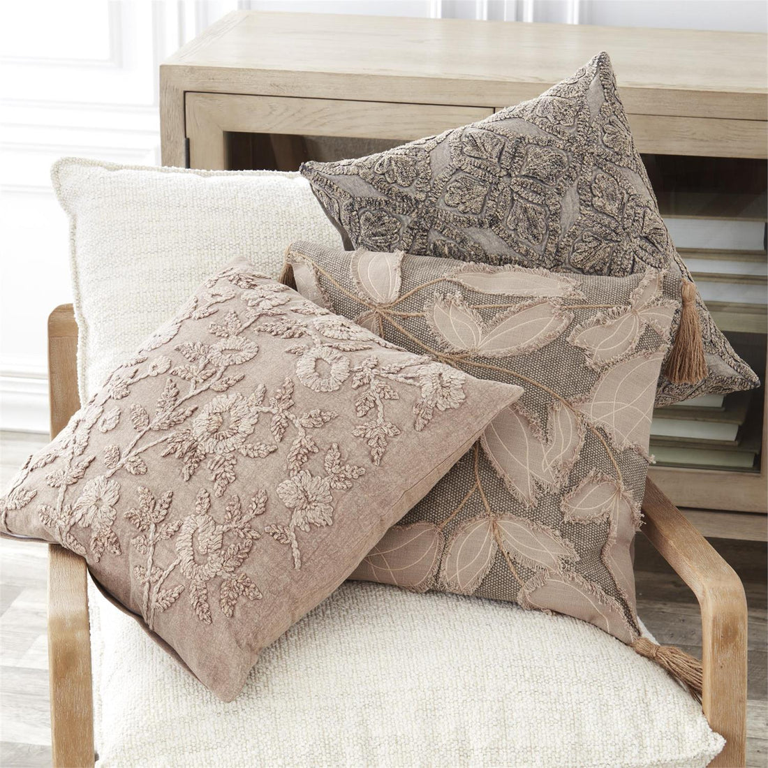 20-Inch Square Gray Pillow with Taupe Leaf Embroidered Applique &amp; Tassels
