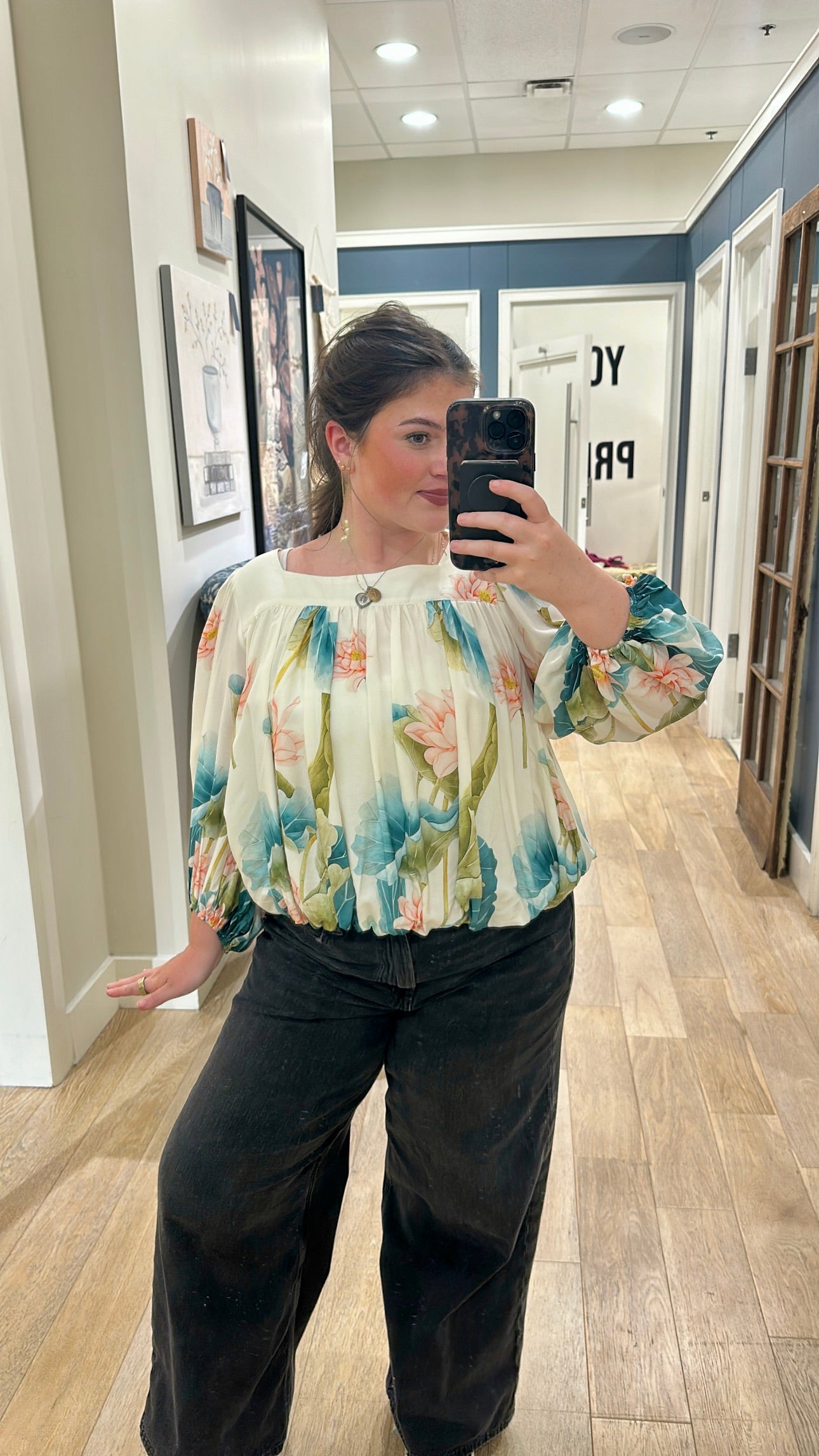 Water Lily Print Puff Sleeve Square Neck Blouse