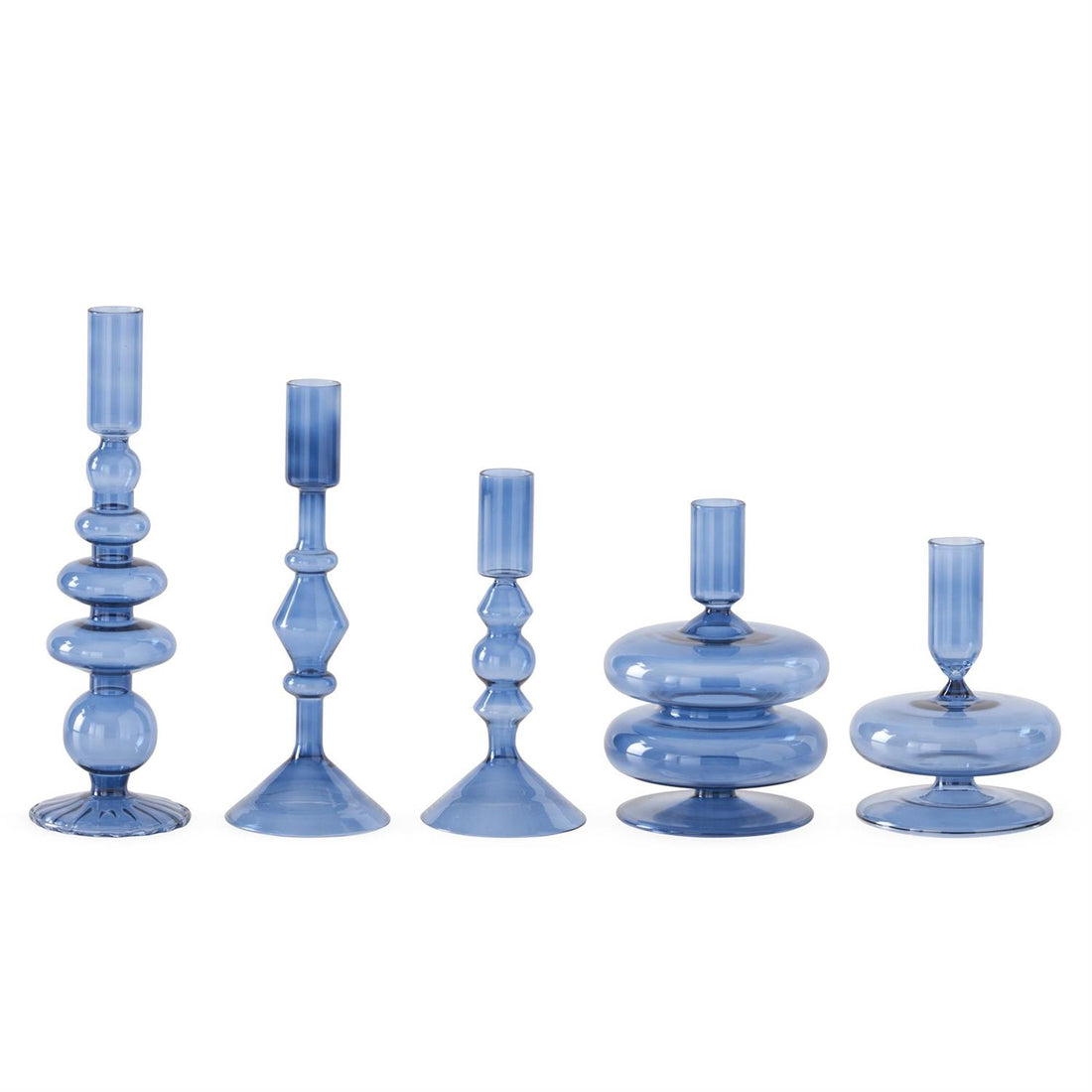 Set of 5 Handmade Blue Glass Modern Taper Candleholders