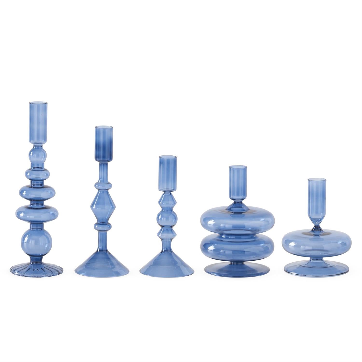 Set of 5 Handmade Blue Glass Modern Taper Candleholders