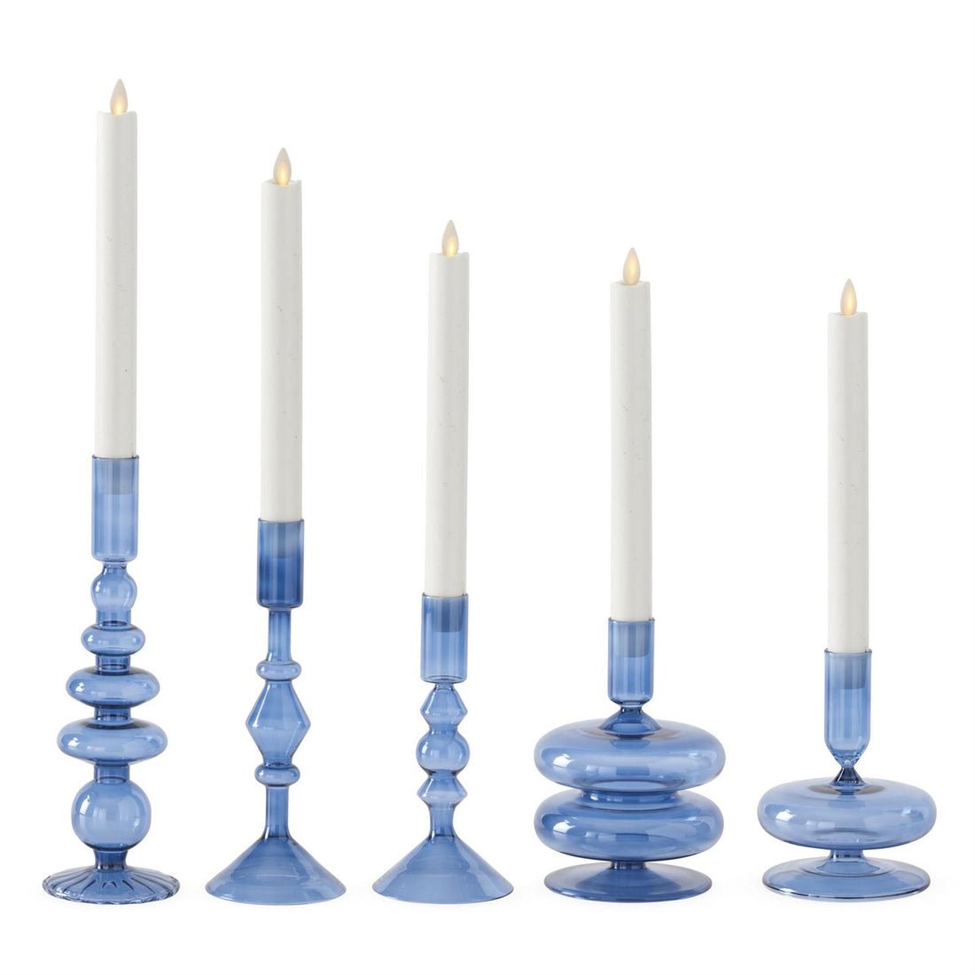 Set of 5 Handmade Blue Glass Modern Taper Candleholders