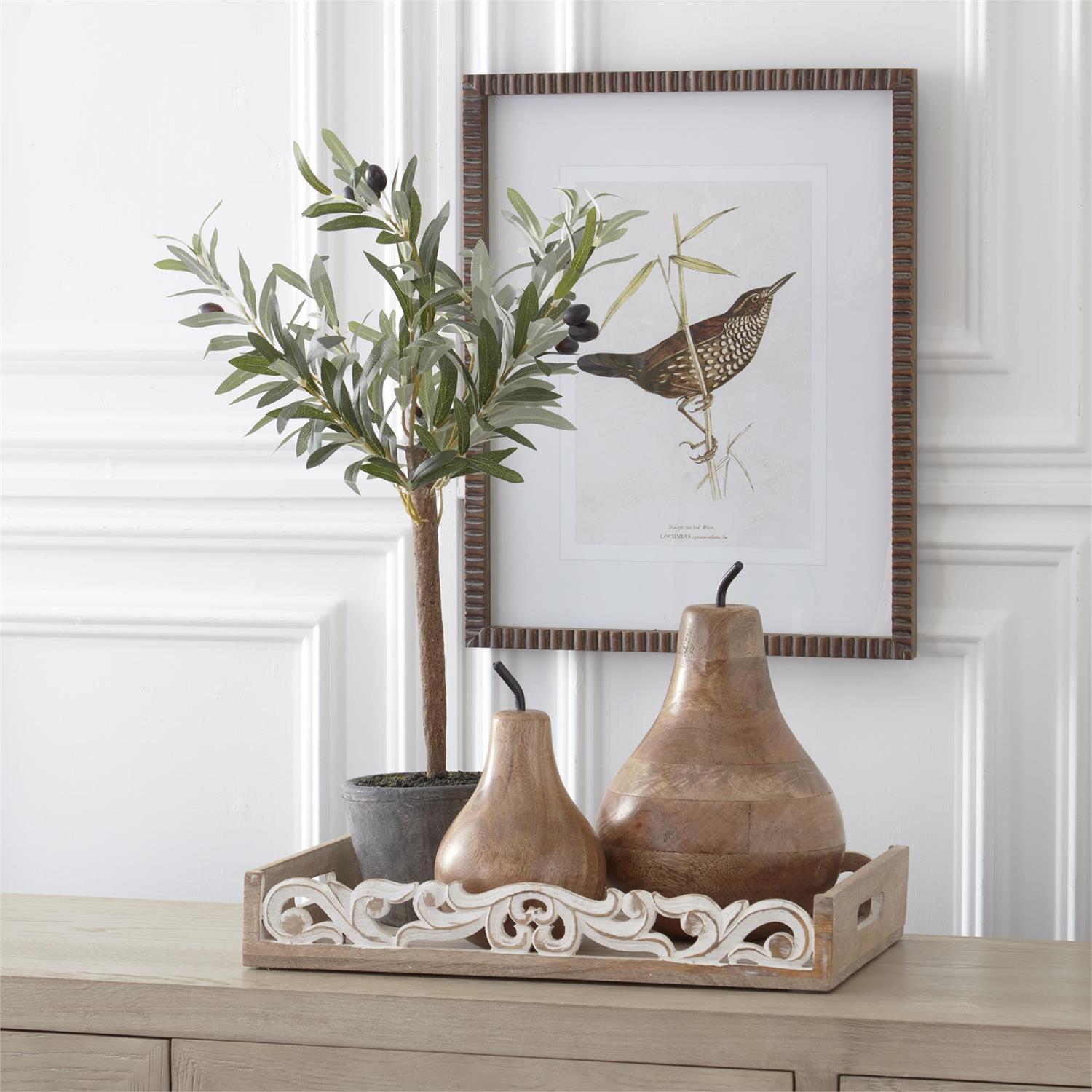 Set of 2 Carved Wood Pears with Black Metal Stems