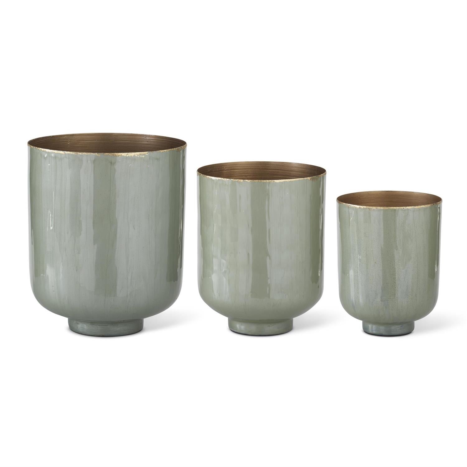 Set of 3 Glossy Sage Green Enameled Iron Footed Vases