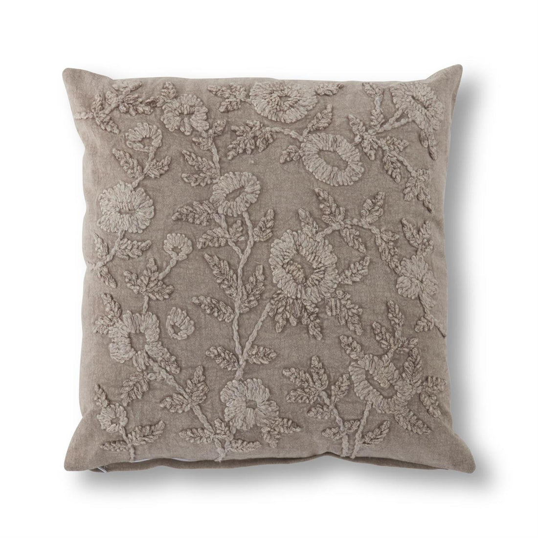 20-Inch Cotton Stone-Washed Taupe Floral Embroidered Pillow