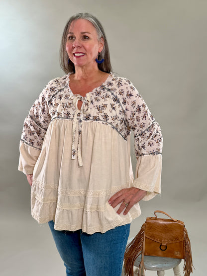 Mixed Media Floral Embroidered Blouse