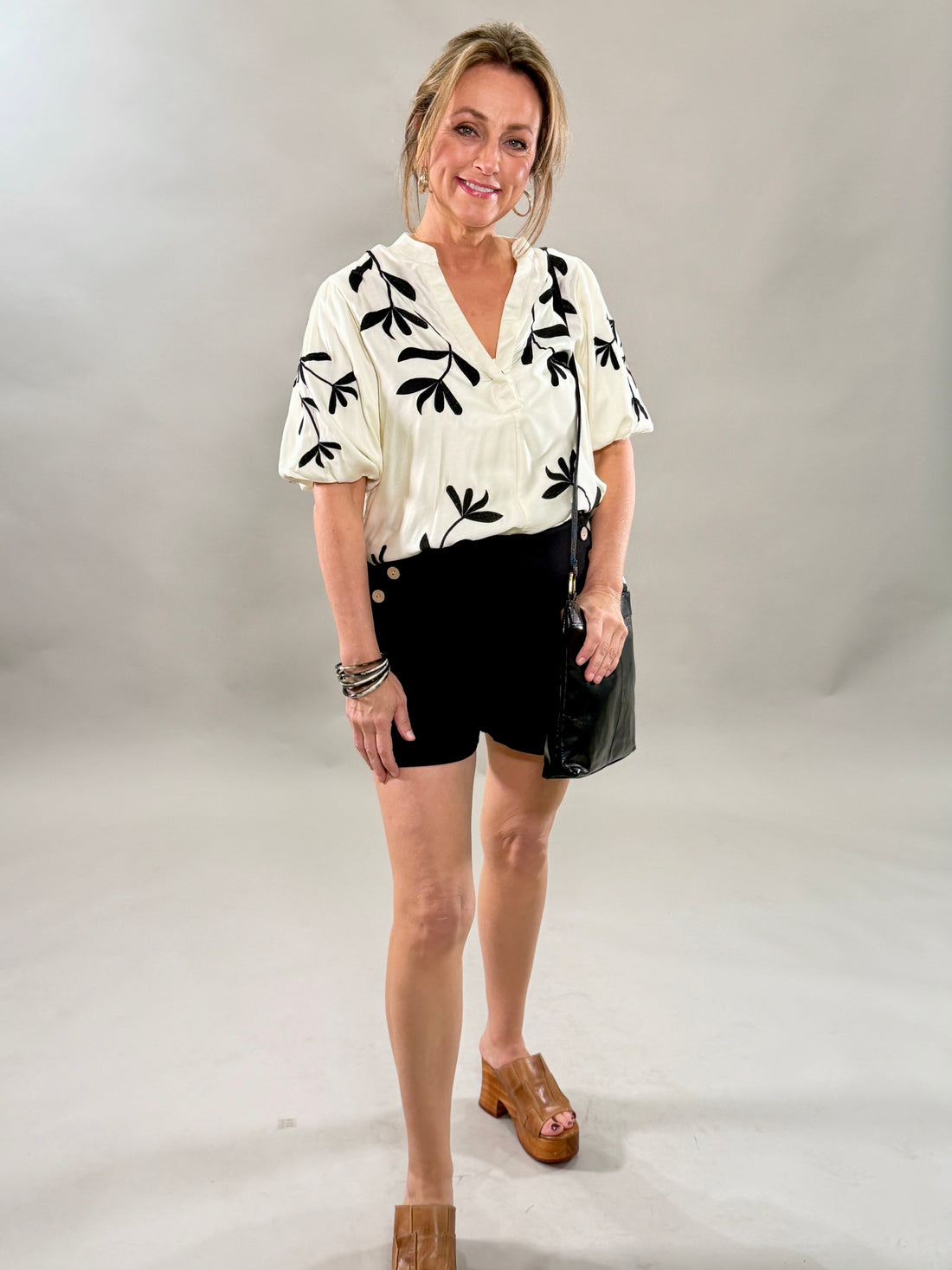 Cream Satin Blouse with Black Floral Embroidery
