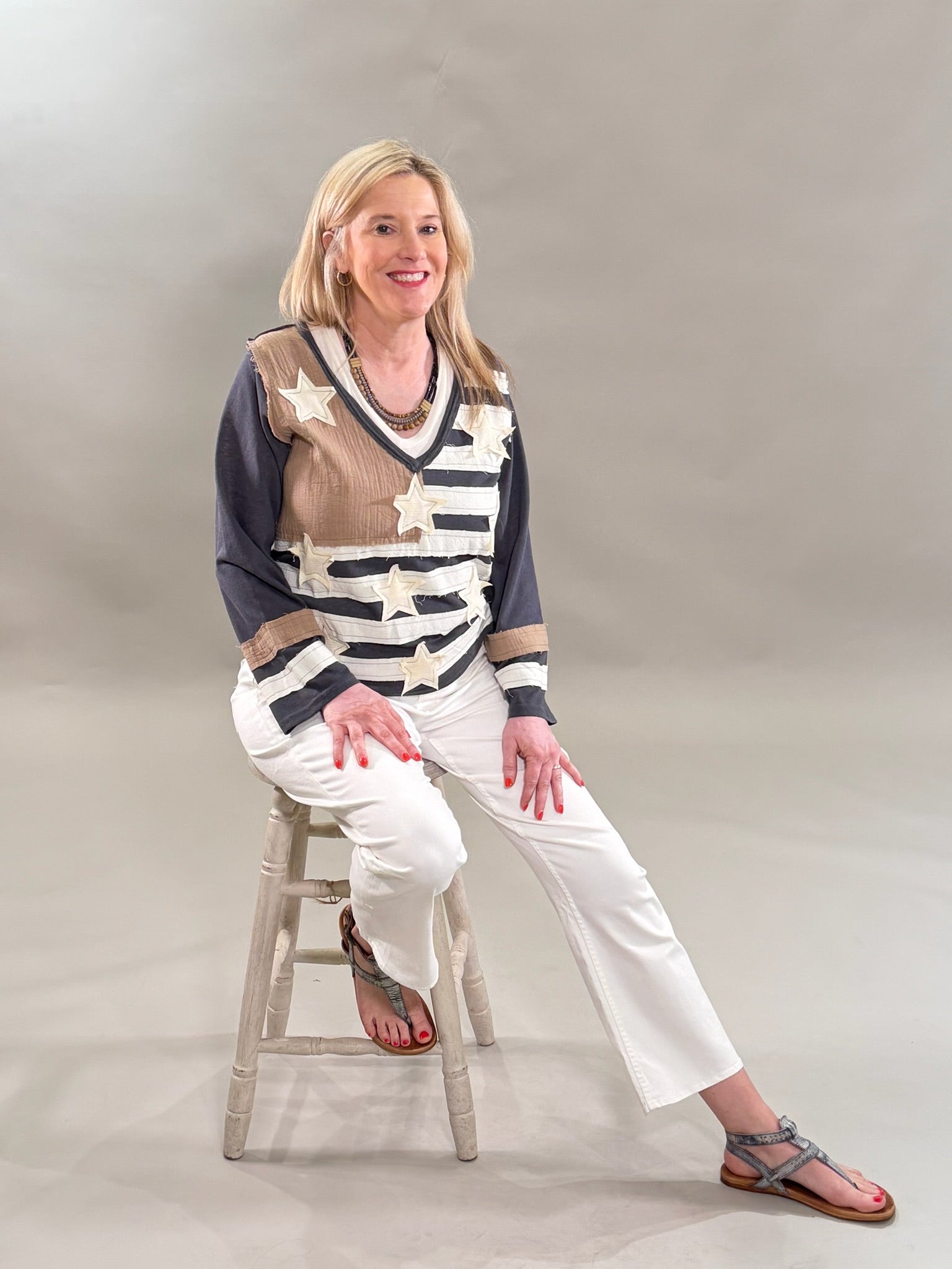 Patriotic Patchwork Star V-Neck Top